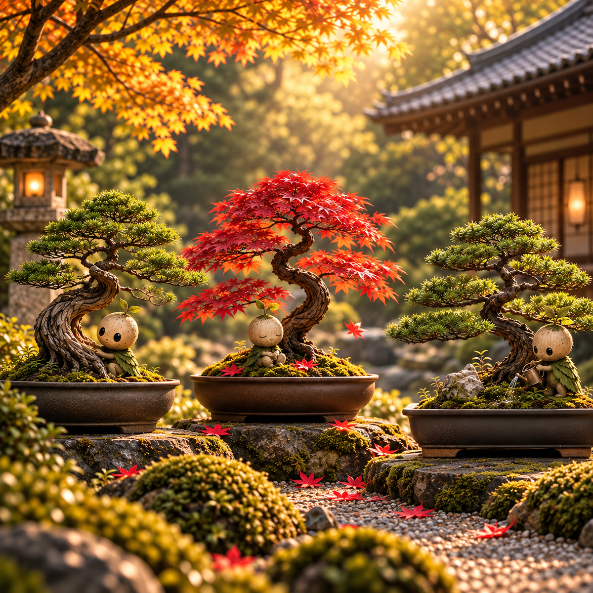 Outdoor bonsai trees with a red Japanese maple in an autumn garden