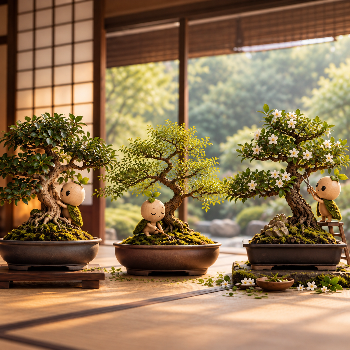 Indoor bonsai trees on a wooden veranda