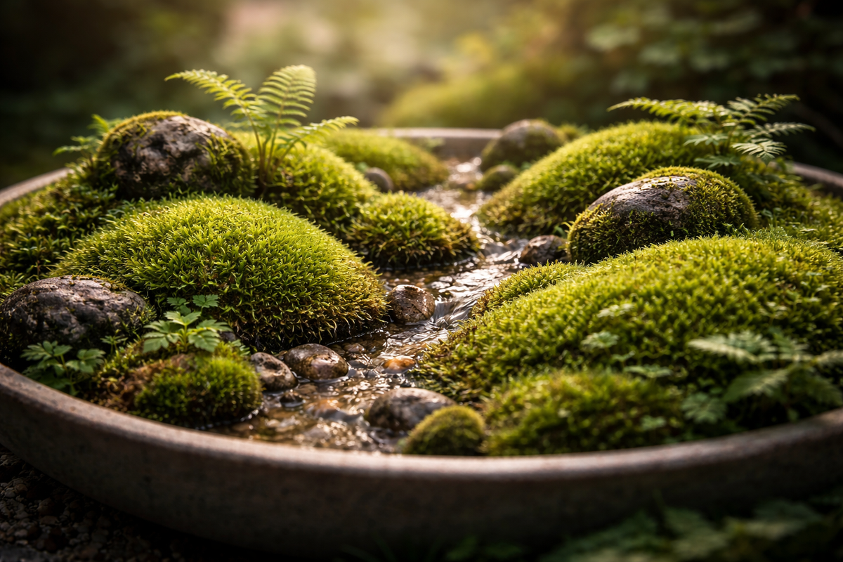 Moss and fern landscape in a shallow bonsai dish