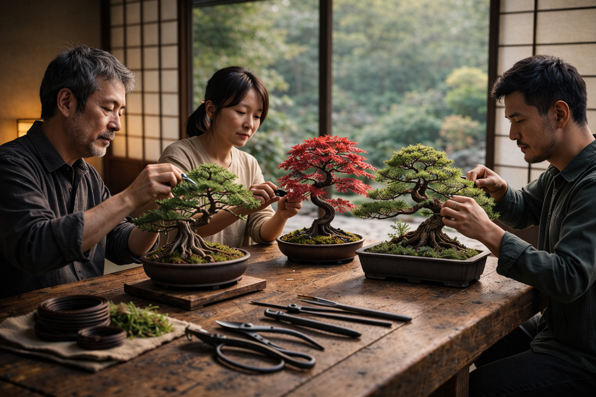 Bonsai workshop with participants styling trees