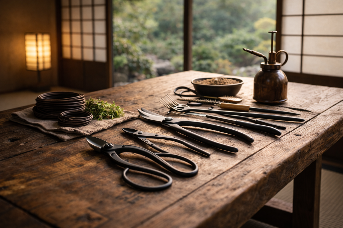 Japanese bonsai tools laid out on a wooden workbench