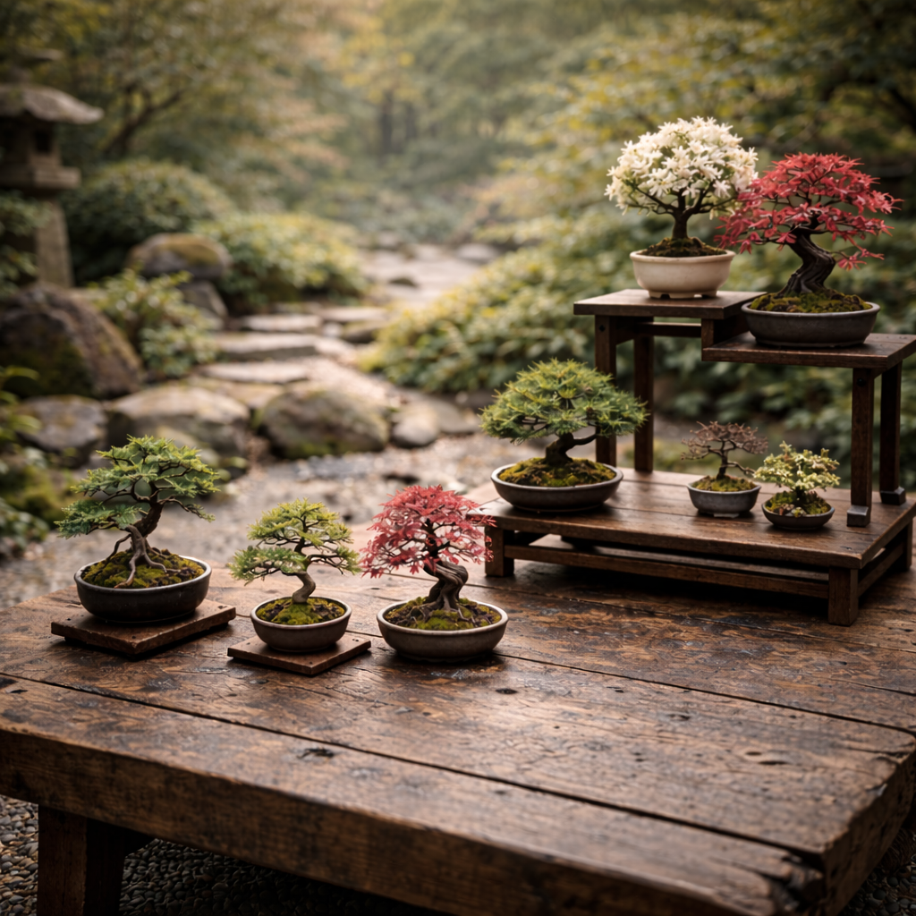 Mame and Shohin bonsai displayed on a rustic wooden table in a Japanese garden