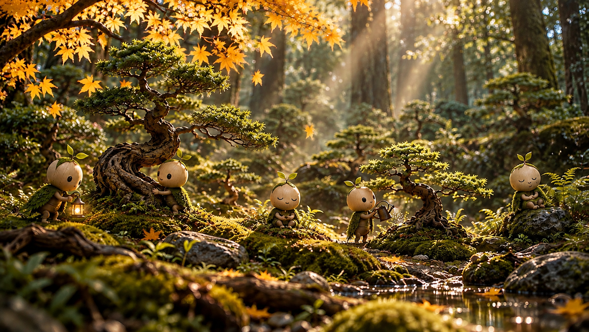Enchanted forest with bonsai trees and glowing little Ryūn spirits